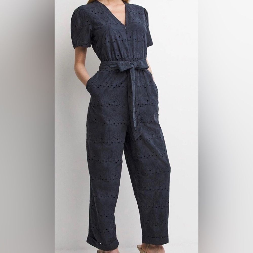 Whistles Zoe Broderie Navy Blue Eyelet Belted Zip Front Jumpsuit size 10 NWOT